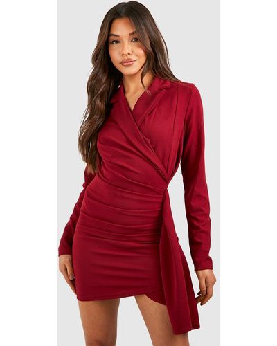 Boohoo Ruched Drape Long Sleeve Blazer Dress - Red