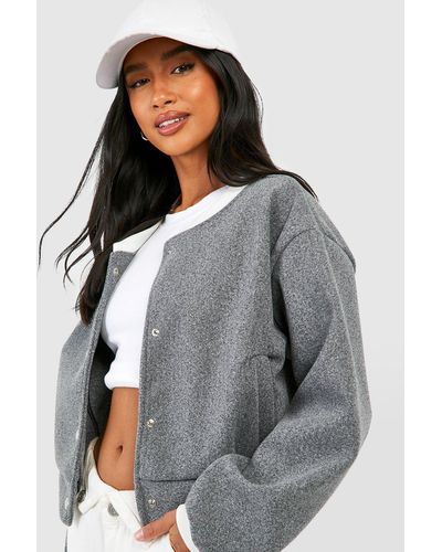 Boohoo Petite Wool Look Cropped Varsity Bomber - Gray