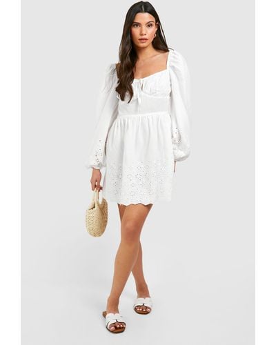 Boohoo Broderie Sweetheart Neck Mini Dress - White