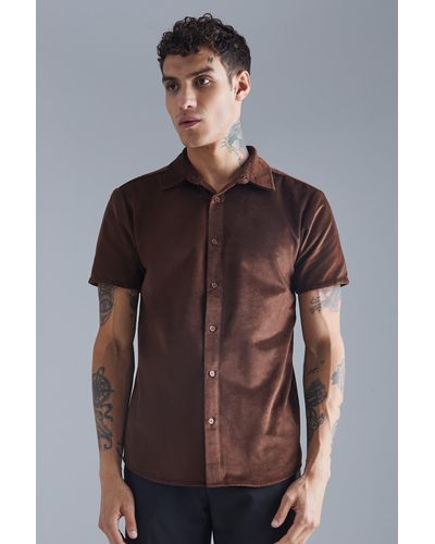 BoohooMAN Short Sleeve Velour Shirt - Brown