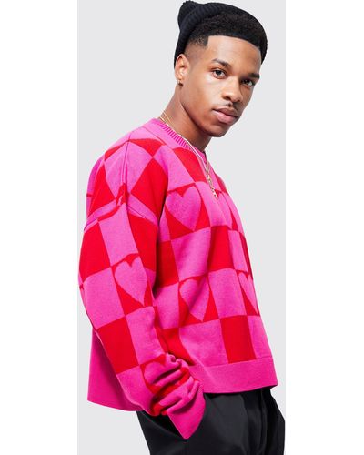 BoohooMAN Boxy Heart Checkerboard Knitted Sweater - Pink