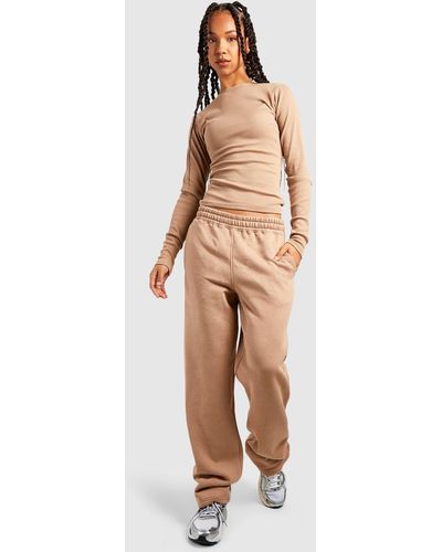 Boohoo Tall Ribbed Crew Neck Top And Jogger Set - White