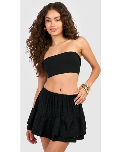 Boohoo Eylet Lace Low Rise Tiered Frill Mini Skirt - Black