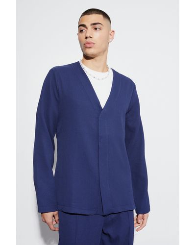 Boohoo Pleated Slim Fit Collarless Concealed Button Blazer - Blue