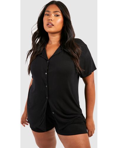 Boohoo Plus Peached Jersey Knit Short Sleeve Button Up Pj Shirt - Black