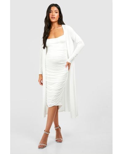Boohoo Maternity Strappy Cowl Neck Dress And Duster Coat - White