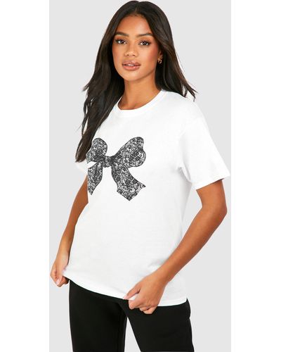 Boohoo Lace Bow Printed Oversized T-Shirt - Blanco