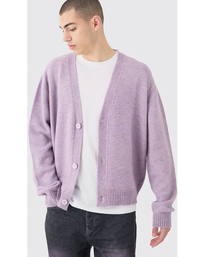 BoohooMAN Boxy Brushed Knit Cardigan In Lilac