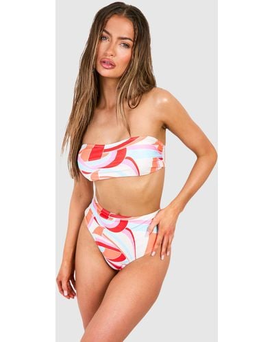 Boohoo Abstract Geo Bandeau High Waist Bikini Set - Red