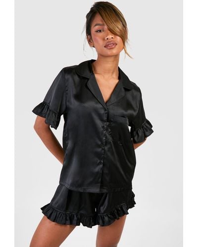 Boohoo Ruffle Detail Short Pajama Set - Black