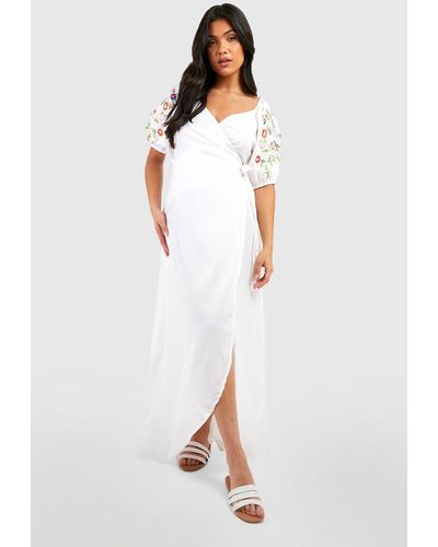 Boohoo Maternity Floral Embroidered Wrap Maxi Dress - White