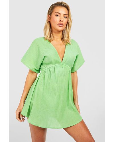 Boohoo Cotton Flutter Sleeves Plunge Beach Dress - Green
