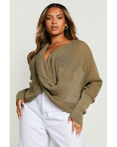 Boohoo Plus Wrap Front Knitted Sweater - Green