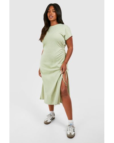 Boohoo Plus Cotton Ruched T-shirt Dress - Green