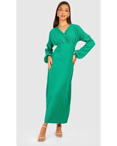 Boohoo Textured Drape Blouson Sleeve Wrap Dress - Green