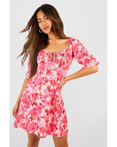 Boohoo Floral Puff Sleeve Sundress - Red