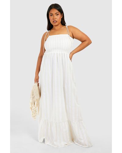Boohoo Plus Linen Look Shirred Stripe Bandeau Maxi Dress - White