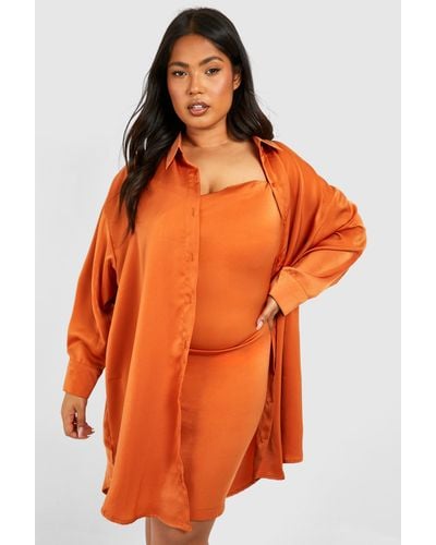 Boohoo Plus Satin 2 In 1 Shirt & Satin Slip Dress - Orange