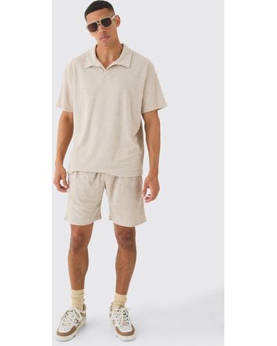 BoohooMAN Oversized Revere Towelling Polo & Shorts Set - Natural