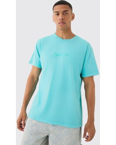 BoohooMAN Oversized Distressed Neck Embroidered T-shirt - Blue