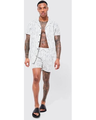 Boohoo Short Sleeve Dashed Stripe Shirt And Swim Set - White