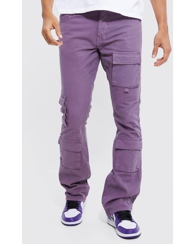 BoohooMAN Fixed Waist Skinny Stacked Cargo Pants - Purple