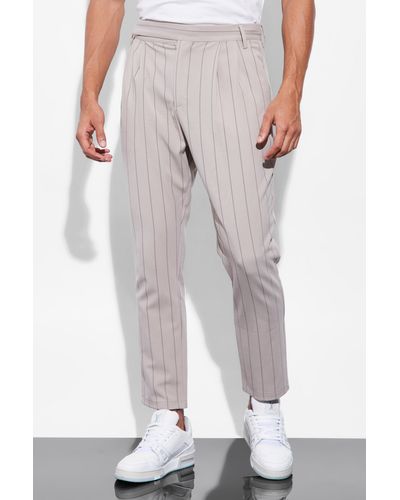 BoohooMAN High Rise Stripe Tapered Tailored Trouser - White