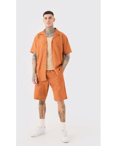 BoohooMAN Tall Oversized Linen Drop Revere Shirt & Short Set In Brown - Orange