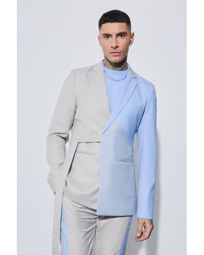 BoohooMAN Tall Skinny Fit Color Block Wrap Front Blazer - Blue