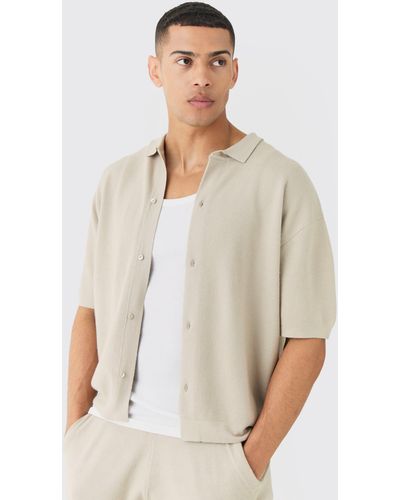 BoohooMAN Oversized Boxy Fit Short Sleeve Knitted Shirt - White