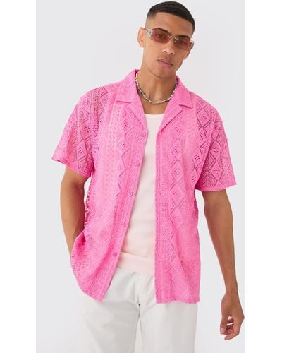 BoohooMAN Boxy Crochet Look Shirt - Pink