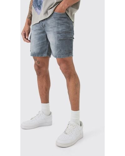 BoohooMAN Slim Rigid Cargo Denim Shorts In Grey - Blue