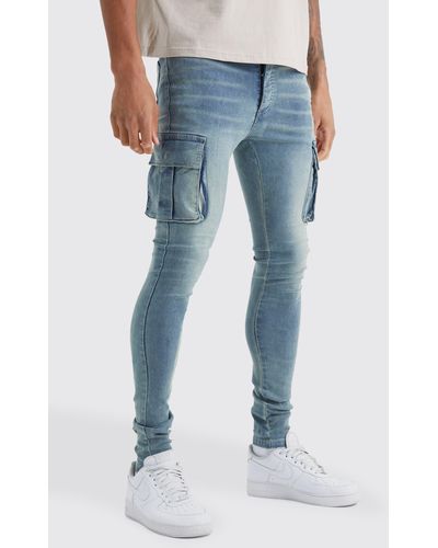 BoohooMAN Tall Super Skinny Cargo Jeans - Blue