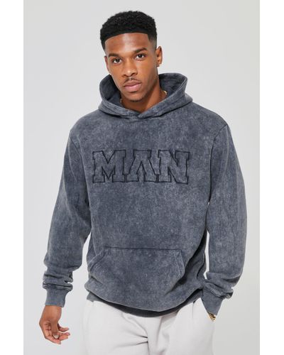 BoohooMAN Man Washed Keyline Embroidered Hoodie - Blue