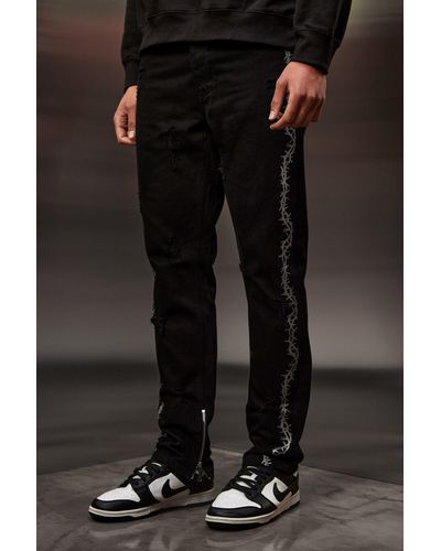 Boohoo Slim Rigid Barbwire Print Rip & Repair Jeans - Black