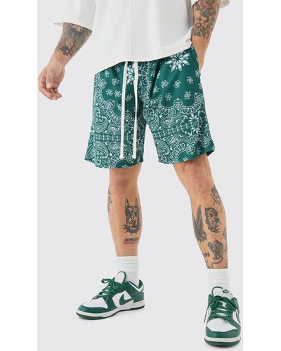BoohooMAN Paisley Bandana Print Mesh Basketball Shorts - Green