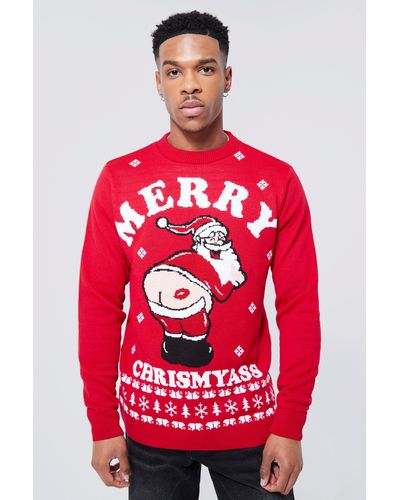 BoohooMAN Merry Chrismyass Christmas Sweater - Red