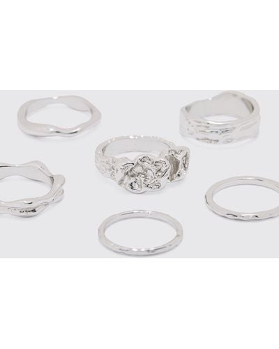 BoohooMAN 6 Pack Melted Metal Rings In Silver - Gray