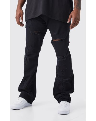 BoohooMAN Plus Slim Rigid Flare Star Applique Jeans - Black
