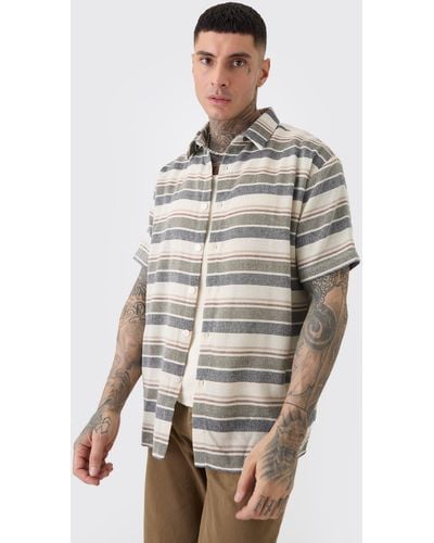 BoohooMAN Tall Short Sleeve Oversized Textured Stripe Shirt In Stone - Grey
