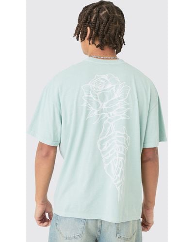 BoohooMAN Oversized Washed Rose Line Drawn T-shirt - Blue