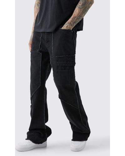BoohooMAN Tall Fixed Waist Washed Relaxed Raw Edge Twill Flare Trouser - Schwarz