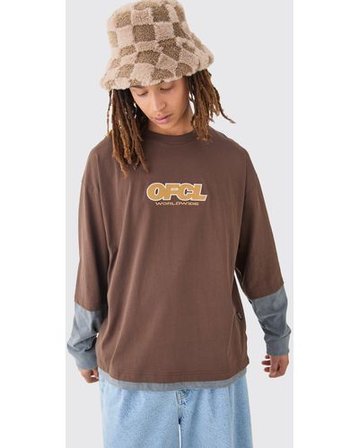 BoohooMAN Oversized Washed Carded Heavy Ofcl Faux Layer T-shirt - Brown