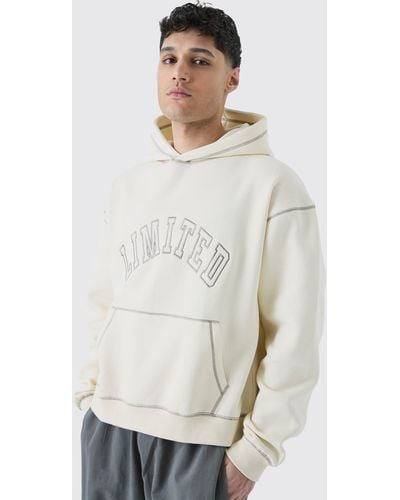 BoohooMAN Oversized Boxy Limited Contrast Stitch Hoodie - White