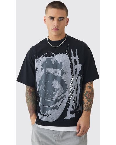 BoohooMAN Oversized Extended Neck Graphic Faux Layer T-shirt - Grey