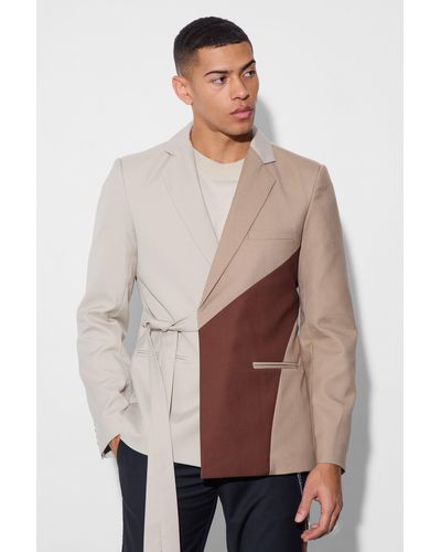BoohooMAN Slim Wrap Panel Suit Jacket - Braun