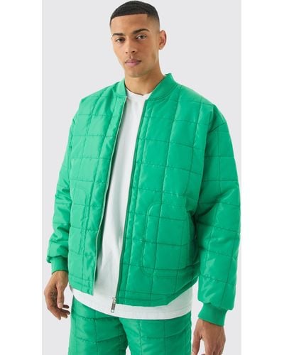 BoohooMAN Square Quilted Oversized Pocket Bomber Jacket - Grün