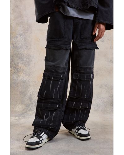 BoohooMAN Baggy Rigid Multi Pocket Cargo Jeans - Black