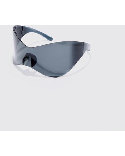 BoohooMAN Shield Racer Rimless Plastic Sunglasses - Blue