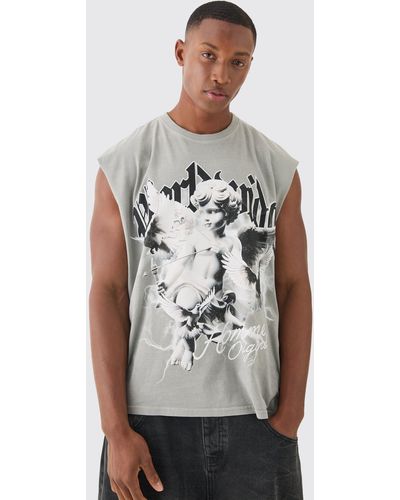 BoohooMAN Oversized Wash Boxy Renaissance Worldwide Cherub Tank - Grey